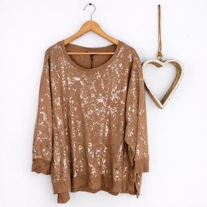 Jane + Delancey Ribbed Fleece Lined Sweatshirt Plus 3X Tan Paint Splatter Grunge